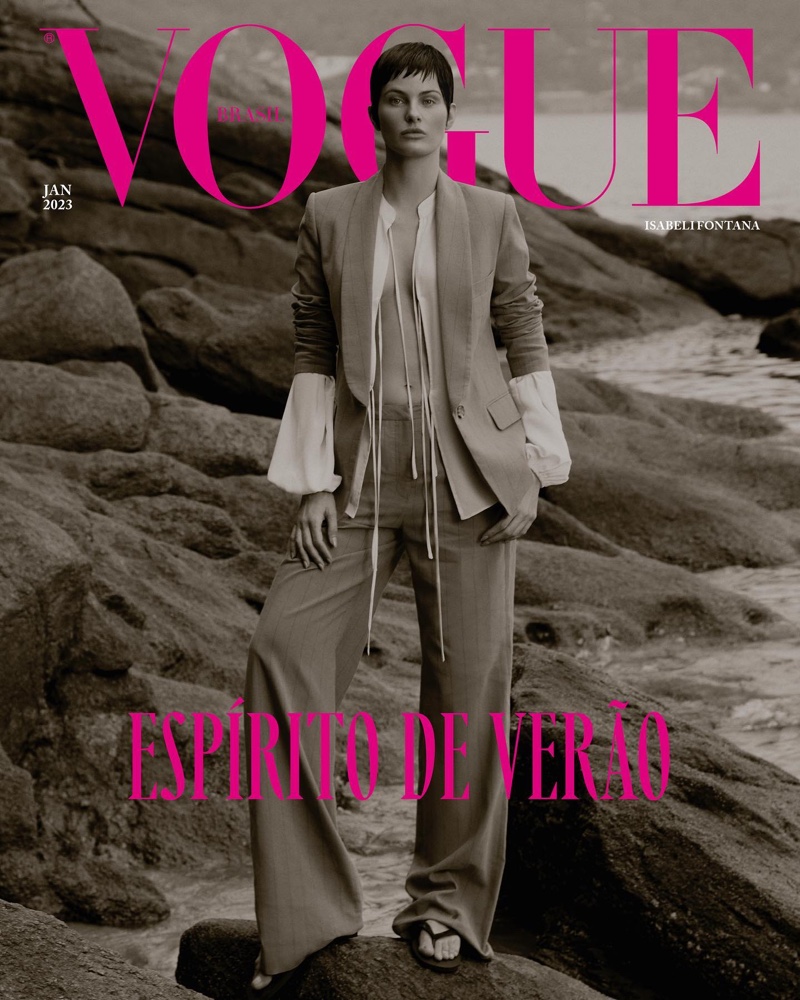 Wearing a pantsuit, Isabeli Fontana is the cover star of Vogue Brazil for January 2023.