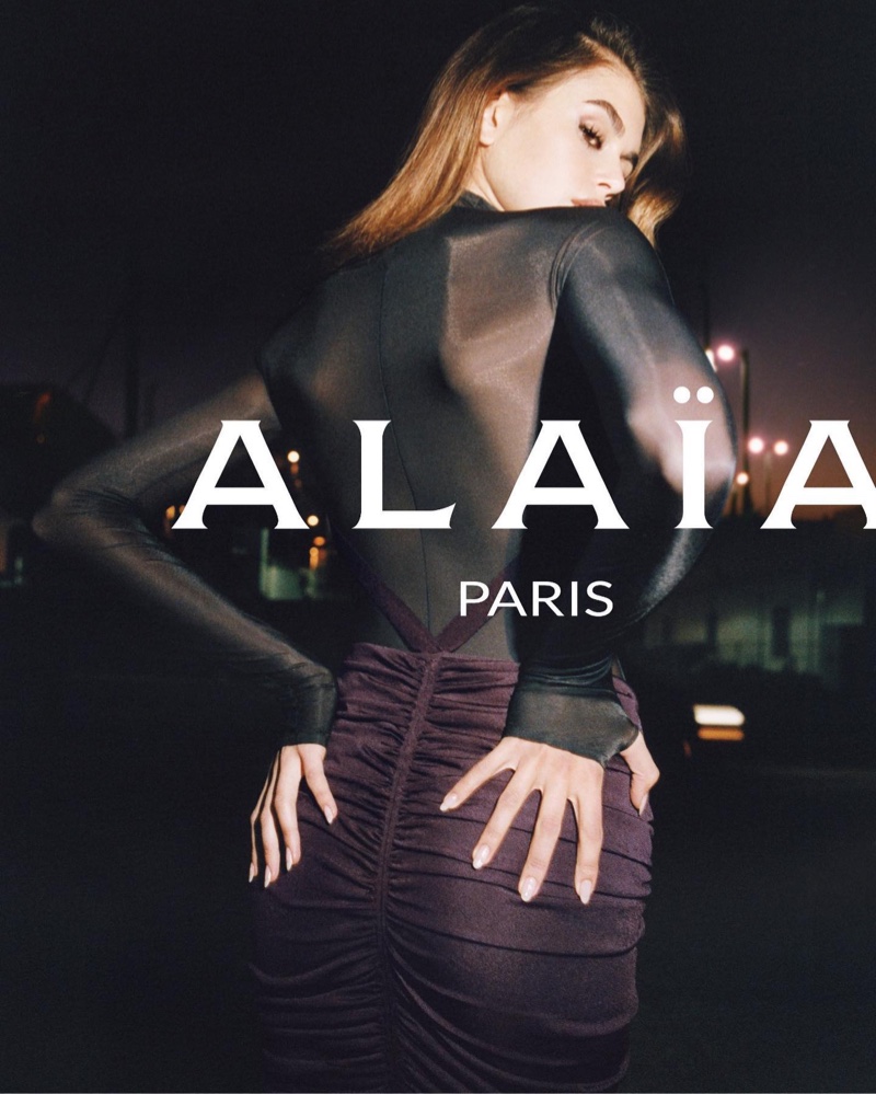 Taking a turn, Kaia Gerber fronts Alaïa spring-summer 2023 campaign.