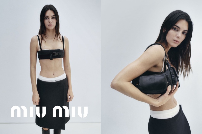 Wearing a crop top and skirt, Kendall Jenner fronts Miu Miu spring-summer 2023 campaign.