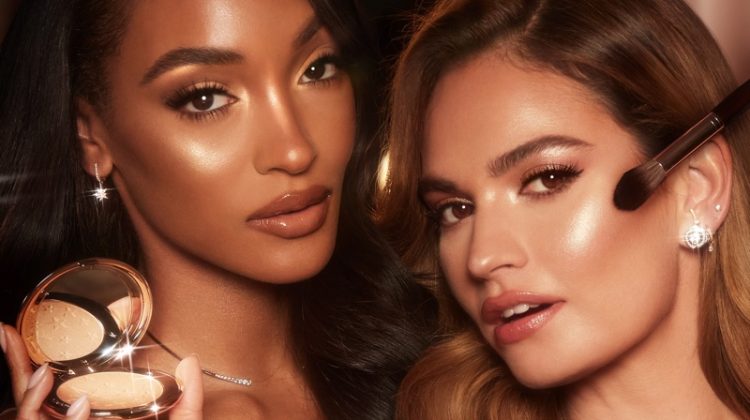 Charlotte Tilbury ambassadors Jourdan Dunn and Lily James front Hollywood Glow Glide Face Architect Highlighter campaign.