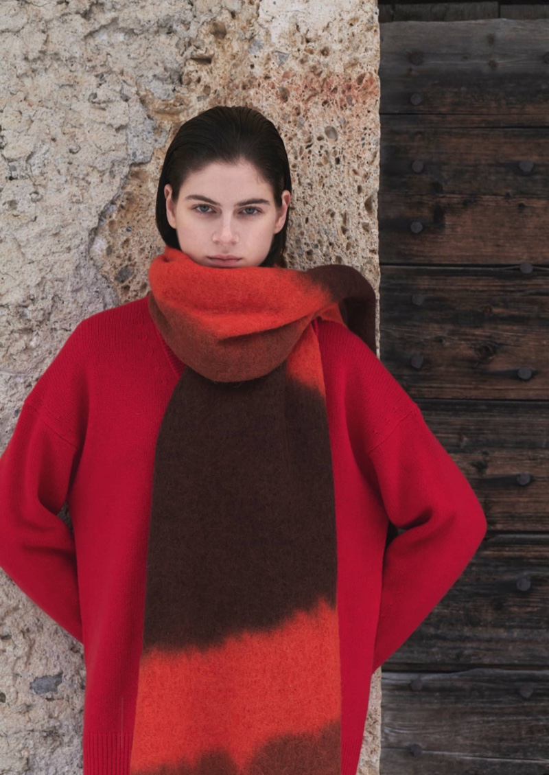Massimo Dutti features oversized scarf in Alps Getaway winter 2023 editorial.