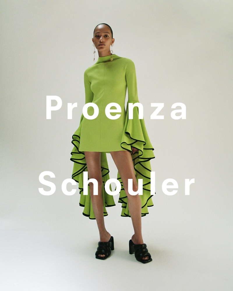 Selena Forrest wears green dress in Proenza Schouler spring-summer 2023 campaign.