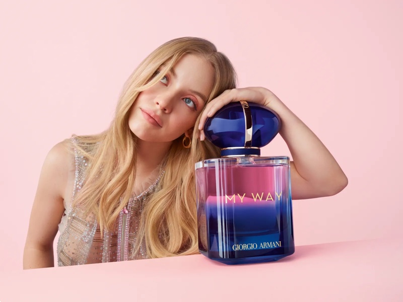 Sydney Sweeney poses for Armani My Way perfume photoshoot.