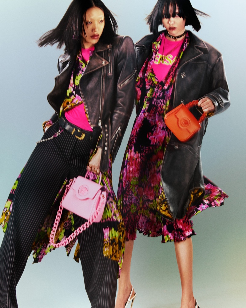 Versace features leather jackets in its resort 2023 campaign.