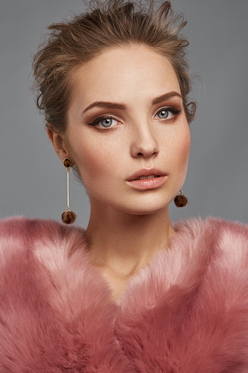 Woman Long Earrings Pink Faux Fur