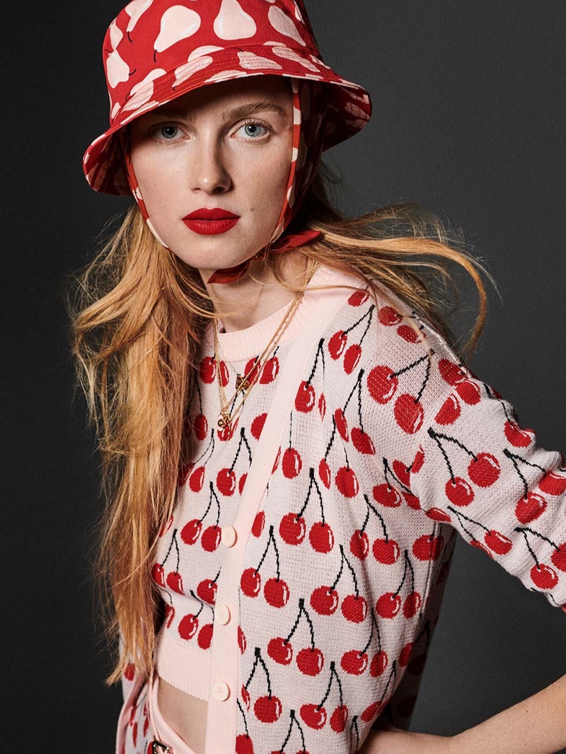 Rianne van Rompaey models cherry print in Benetton spring-summer 2023 campaign.