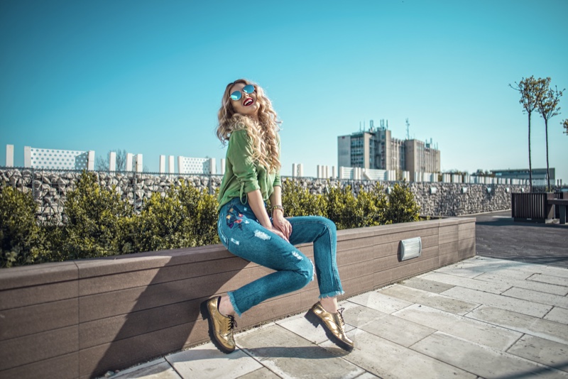 Blouse Distressed Jeans Metallic Shoes