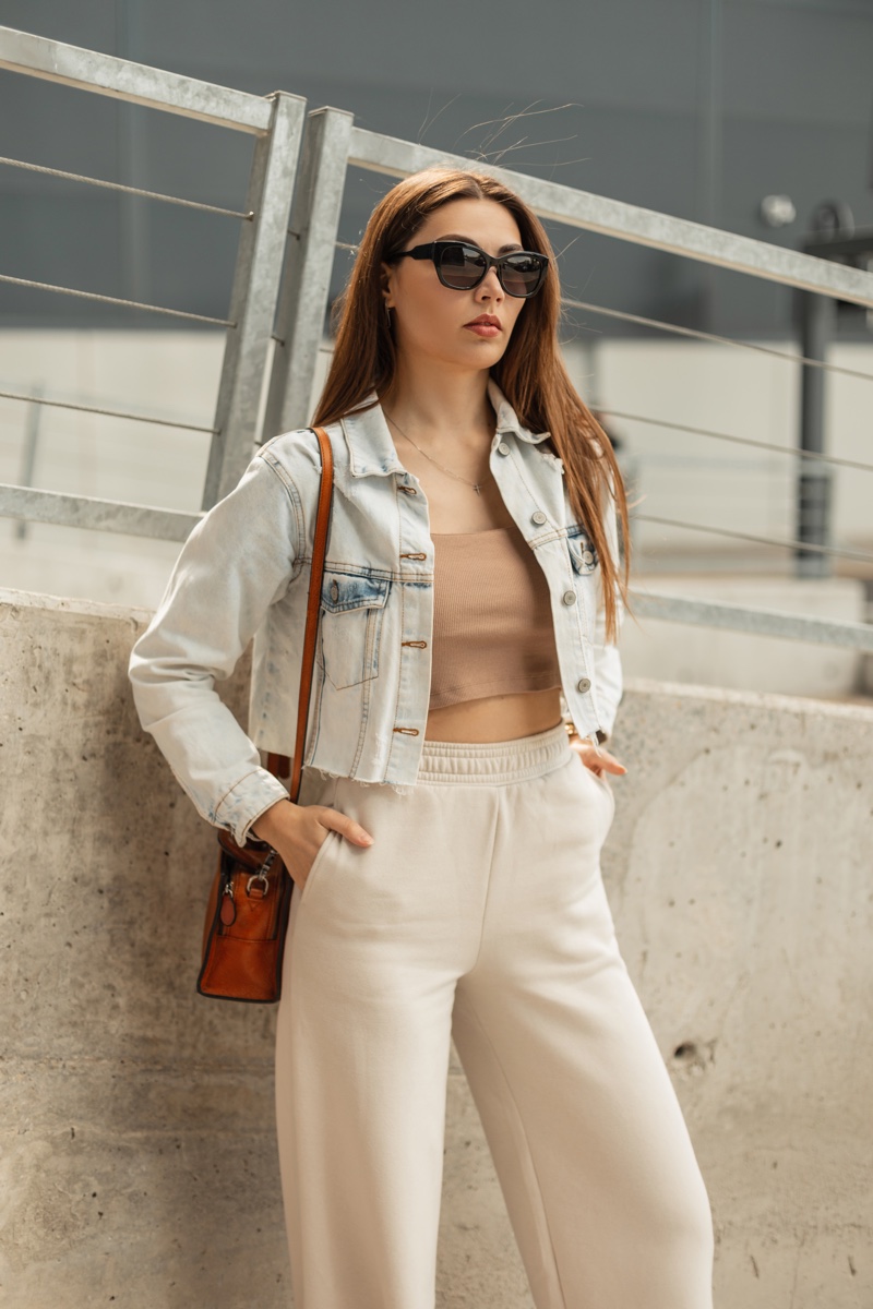 Denim Jacket Crop Top Sweatpants Outfit