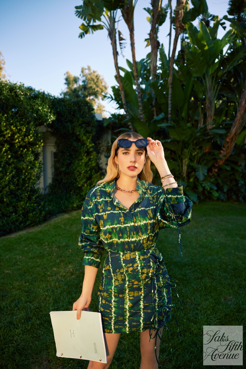 Dressed in green, Emma Roberts fronts Saks Fifth Avenue spring 2023 campaign.