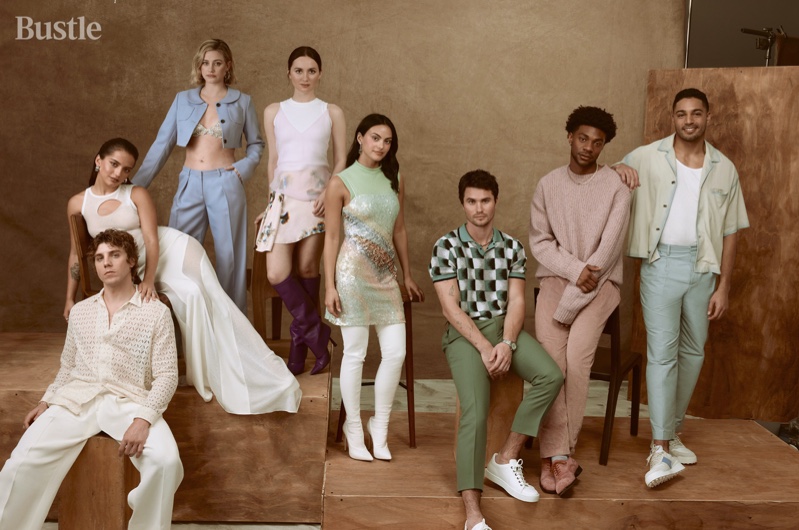Maude Apatow, Isabela Merced, Lili Reinhart, Camila Mendes, Lukas Gage, Chase Stokes, Jonathan Daviss, and Michael Evans Behling pose for Bustle New Class feature.