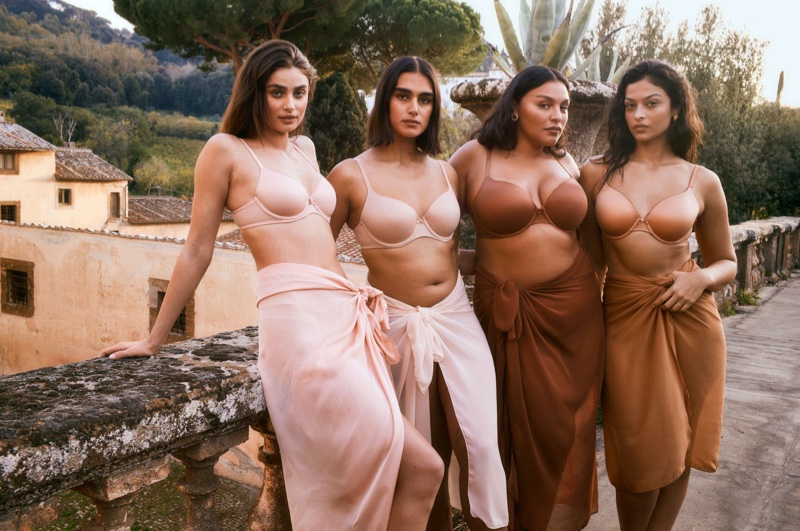 Taylor Hill, Jill Kortleve, Paloma Elsesser, and Devyn Garcia model Body by Victoria Bras.