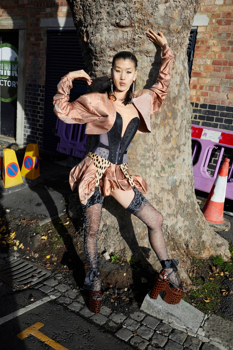 Jiashan Liu poses for Vivienne Westwood spring-summer 2023 campaign.
