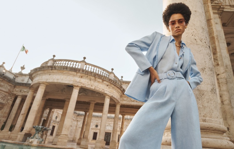 Modeling a blue pantsuit, Lineisy Montero fronts Zimmermann spring-summer 2023 campaign.