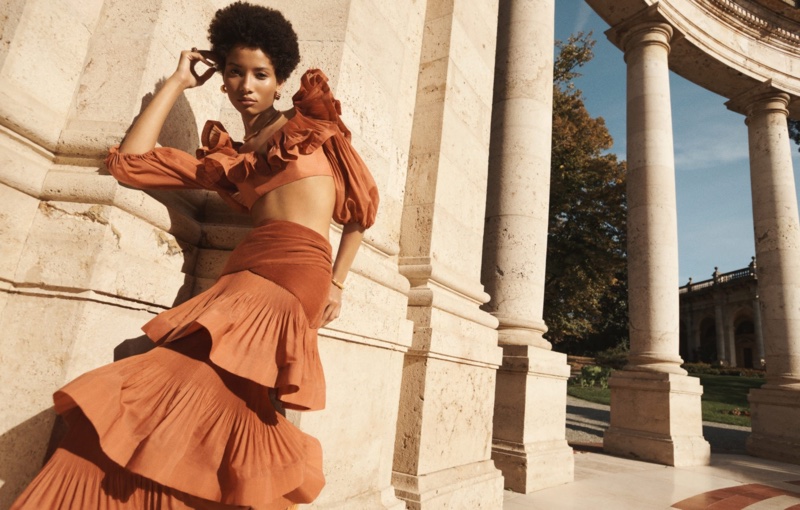 Dressed in tiered ruffles, Lineisy Montero poses for Zimmermann spring-summer 2023 campaign.