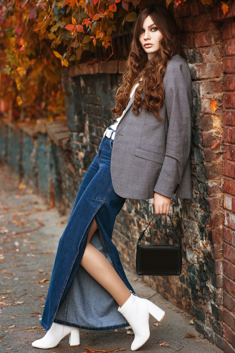 Blazer Jean Skirt Boots Outfit