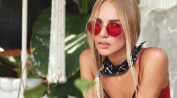 Blonde Woman Red Lens Sunglasses