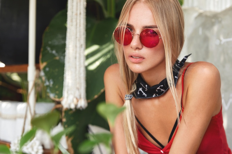 Blonde Woman Red Lens Sunglasses