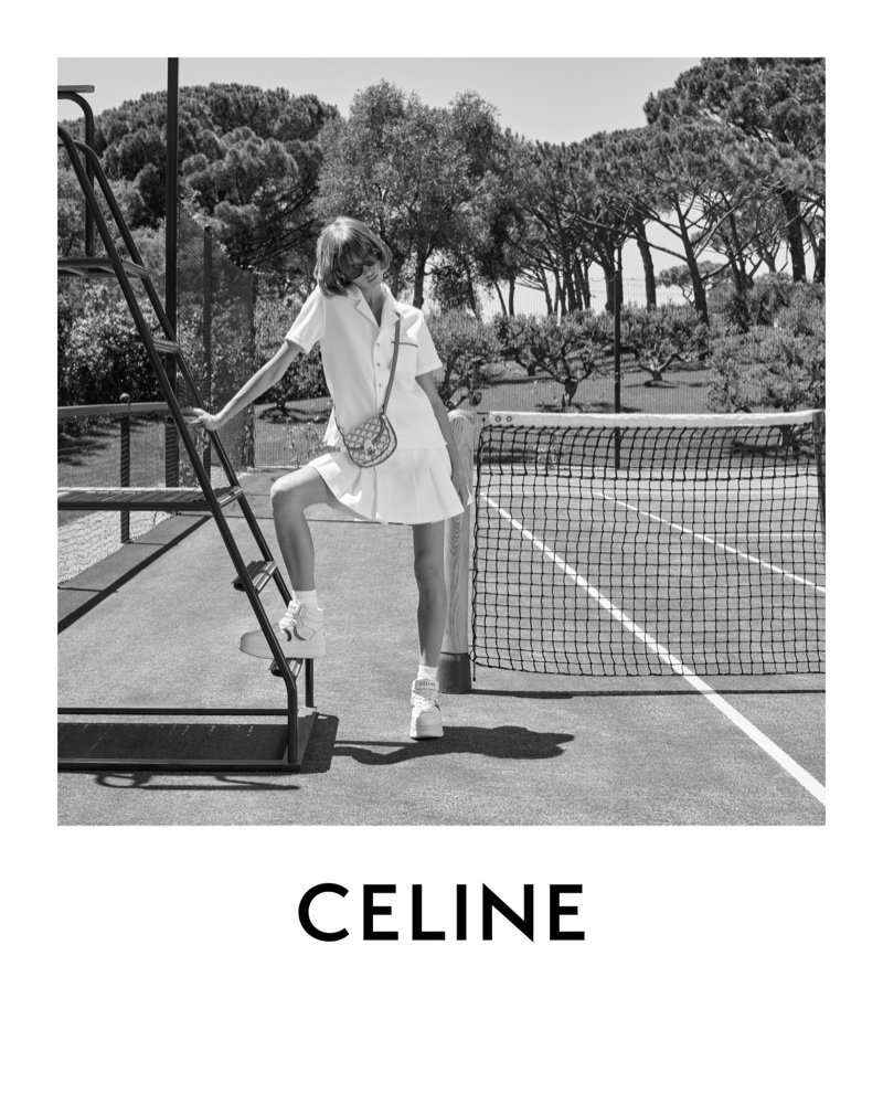 Quinn Mora wears pleated tennis outfit from Celine summer 2023 capsule.