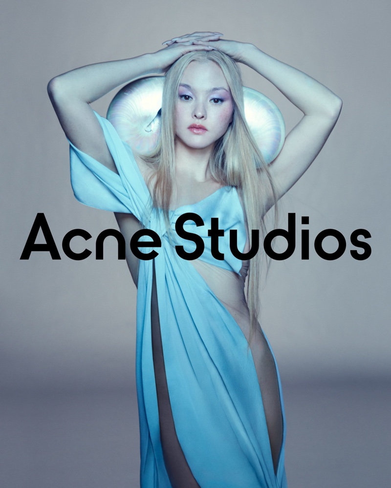 Model Devon Aoki shows some skin in Acne Studios spring-summer 2023 campaign.