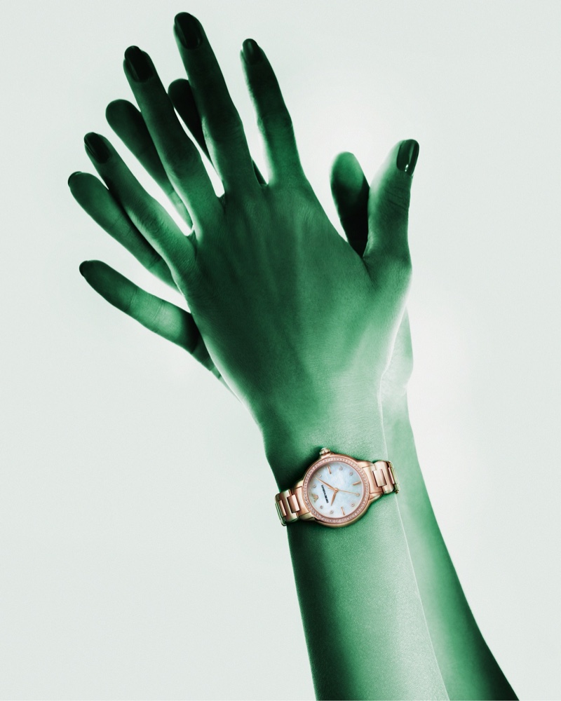 Emporio Armani See Green campaign features rose gold watch made from recycled stainless steel.
