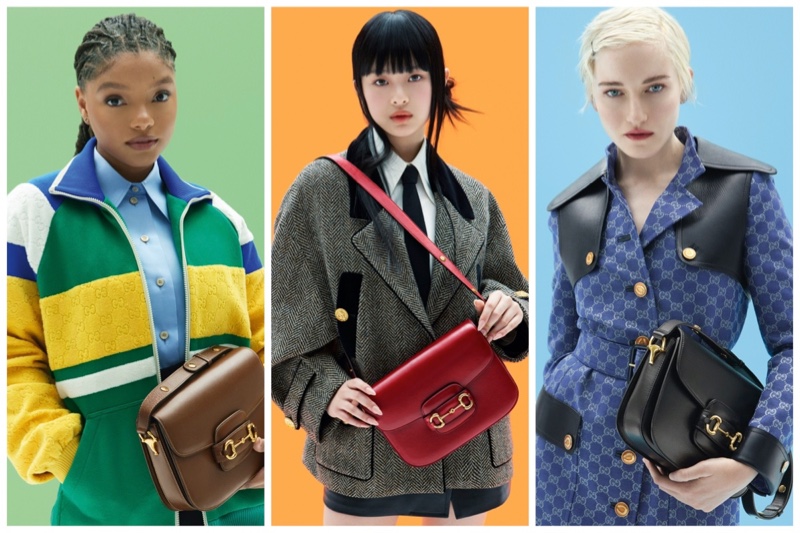 Gucci celebrates the Gucci 1955 Horsebit bag with a new campaign starring  Halle Bailey, Hanni, and Julia Garner