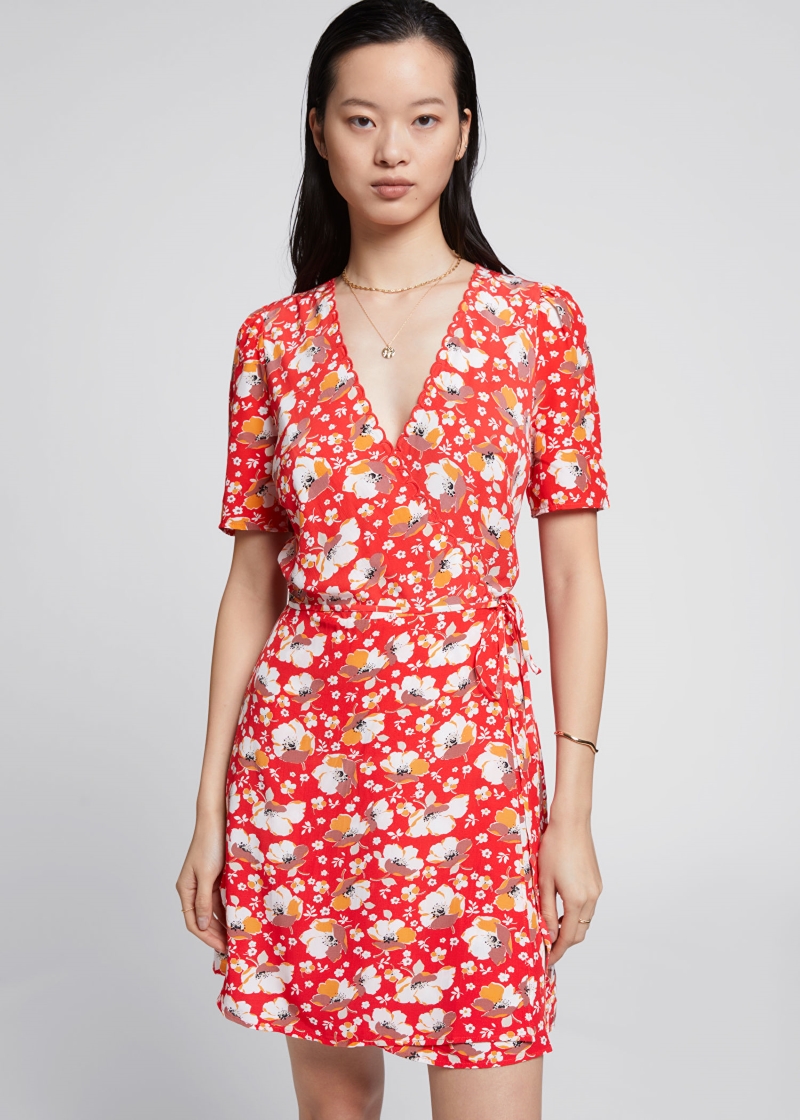 Printed Scallop Wrap Mini Dress $99