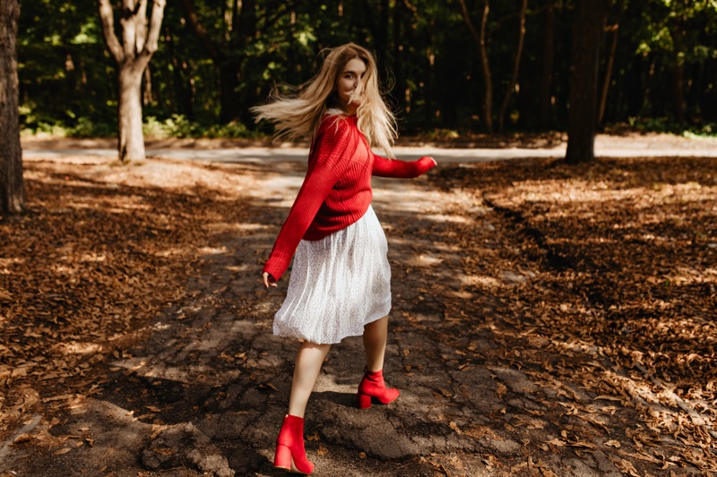 Red Sweater Skirt Boots Outfit