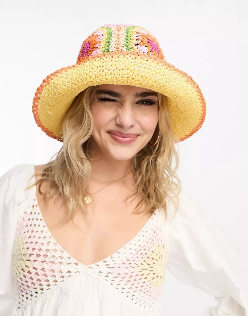 ASOS Design Straw Crochet Bucket Hat with Floral Design $26