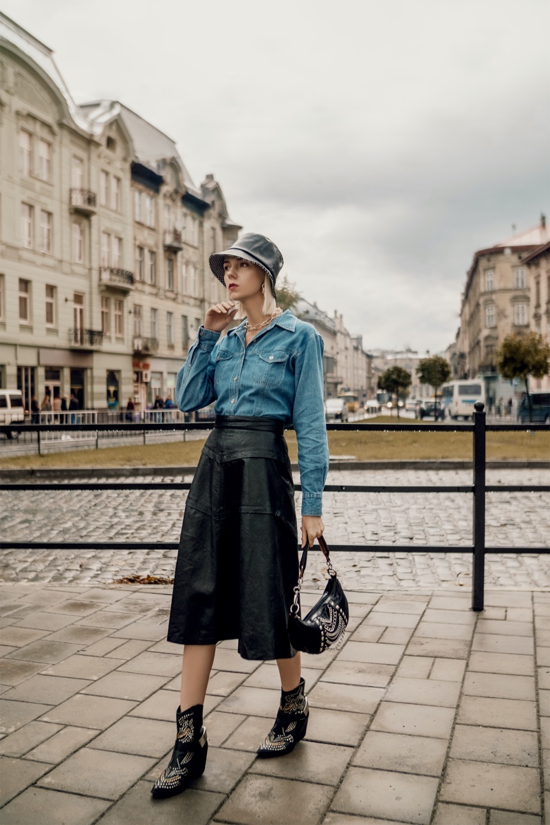 Bucket Hat Denim Shirt Leather Skirt