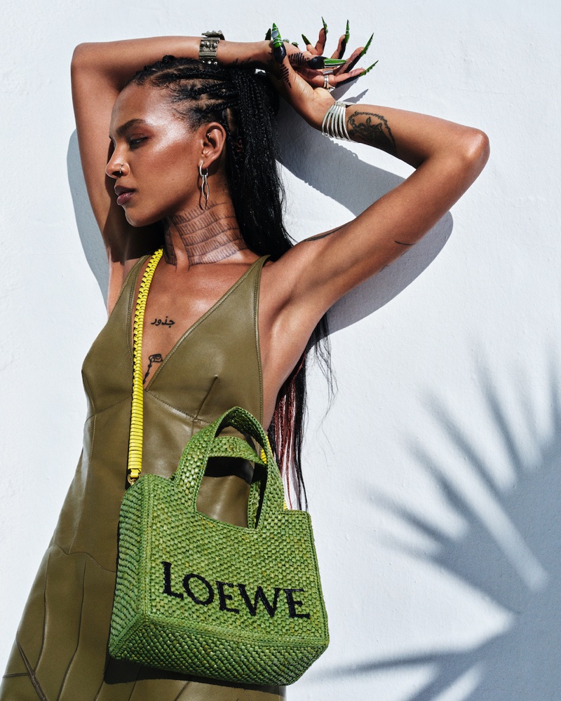 Alewya dresses in green for LOEWE Paula's Ibiza 2023 collection campaign.