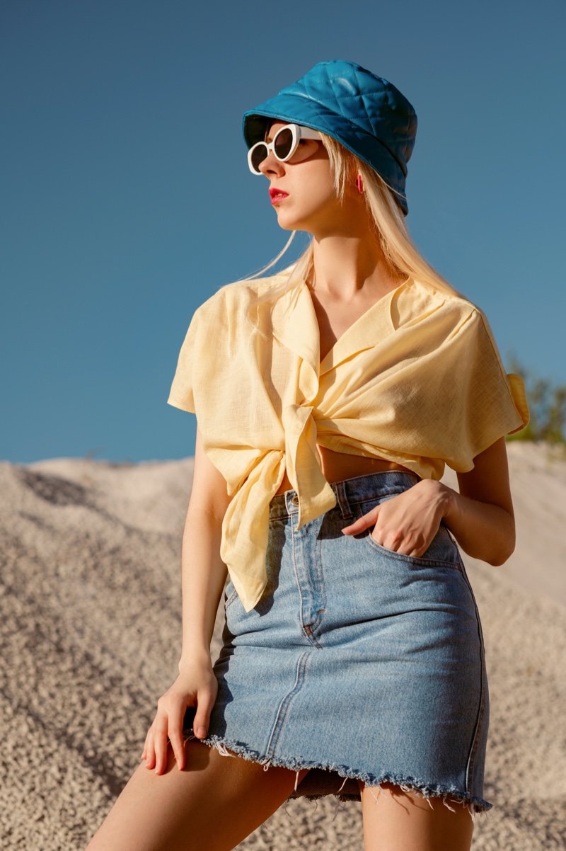 Tied Shirt Bucket Hat Denim Skirt