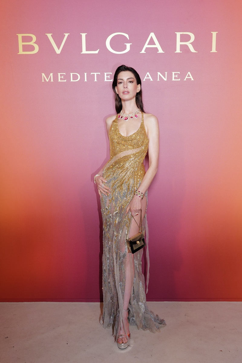 Anne Hathaway Gold Versace Dress Bulgari 2023 Event
