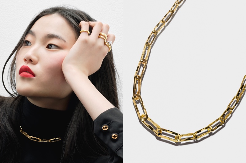Gucci's Link to Love collection features necklaces, earrings, and rings with an octagonal shape.