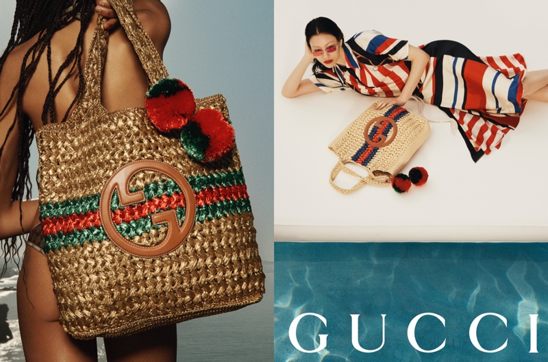 Gucci's Summer Stories tote bags in playful pom-pom details are perfect for beach outings.