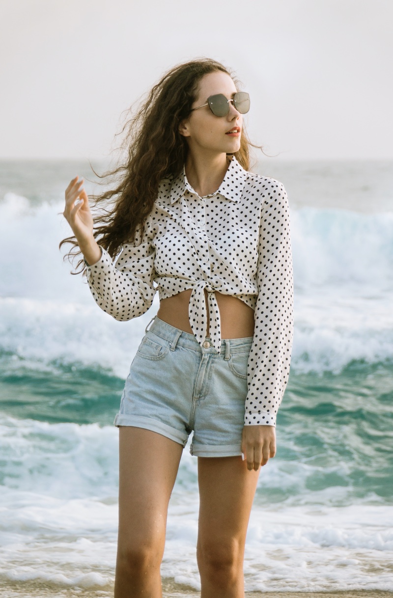 Long Sleeve Shirt Light Wash Shorts Outfit