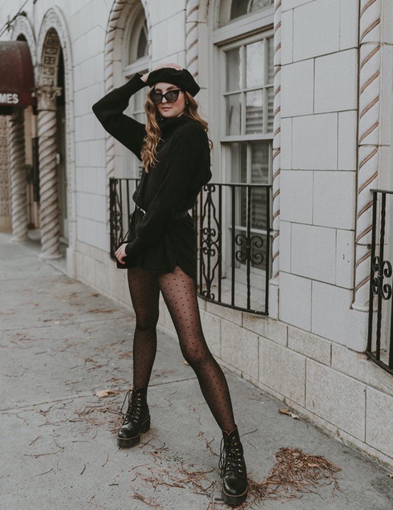 Beret Tights Black Outfit Idea