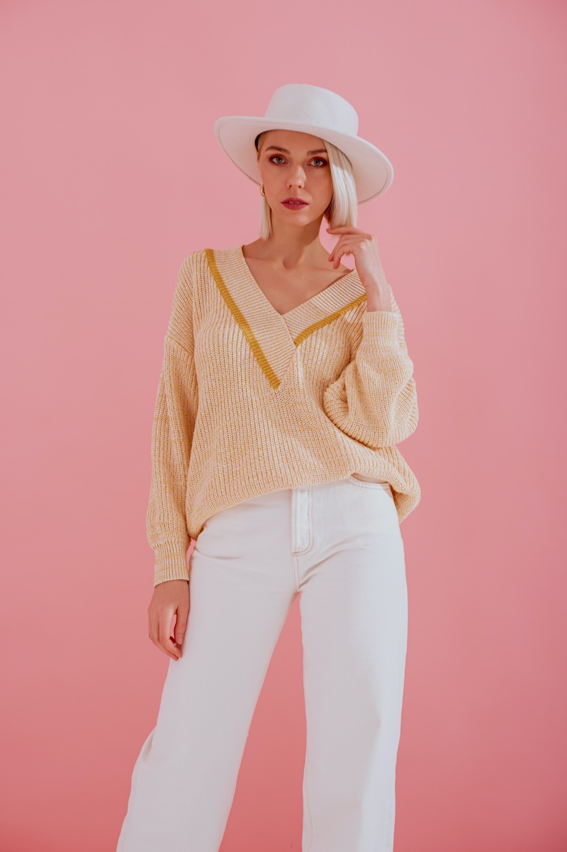 Cashmere Sweater White Pants Hat Outfit