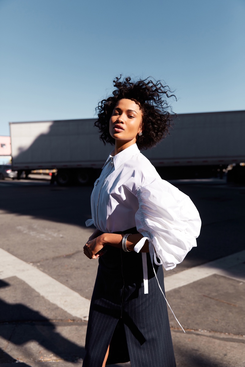Cydney Christine wears Shirt Alexander McQueen, Skirt Sandro, Bracelets Aureus & Argent & Earrings Lagos. Photo: Alexander Ting