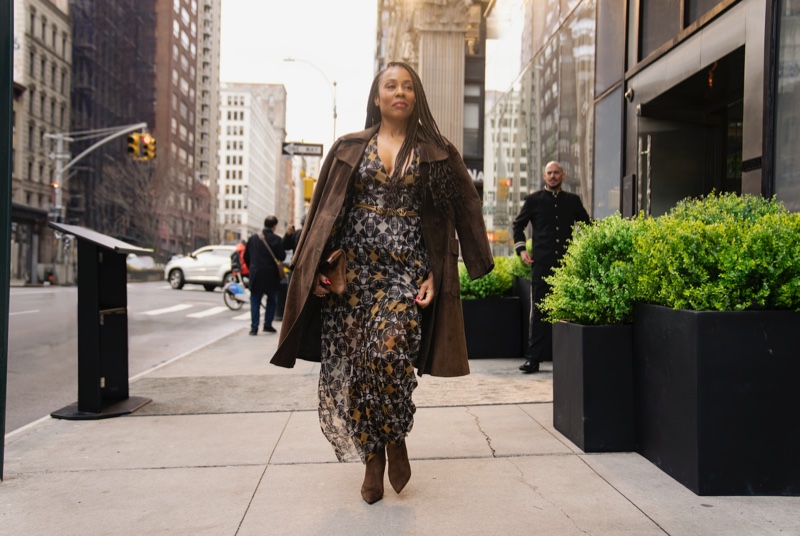 Karen Pittman Just Like That Season 2 Brown Coat Maxi Dress Outfit