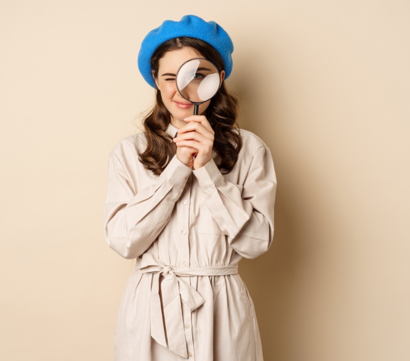 Model Shirt Dress Beret Magnifying Glass