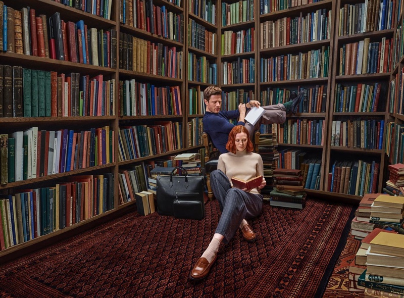 Karen Elson exudes preppy chic with Montblanc Soft line and loafers in the Library Spirit campaign.