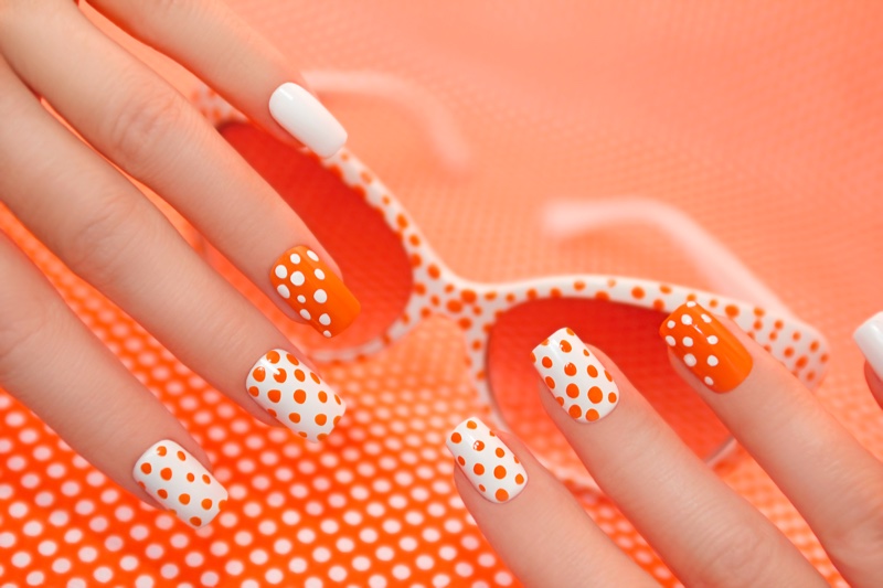 Orange White Polka Dots Short Nails