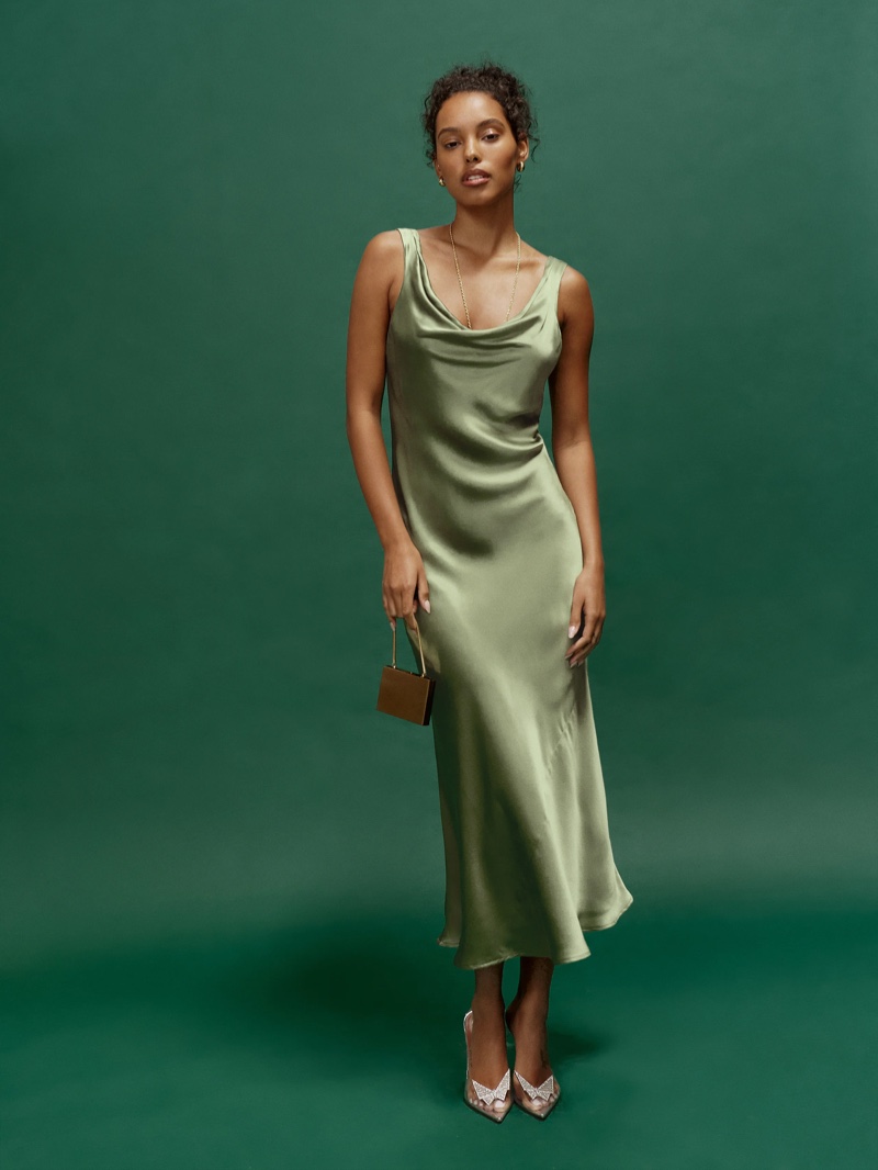 Reformation Bryn Silk Dress in Artichoke $328