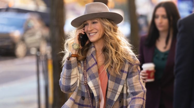 Sarah Jessica Parker Just Like That Plaid Coat Pierre Cardin Bag