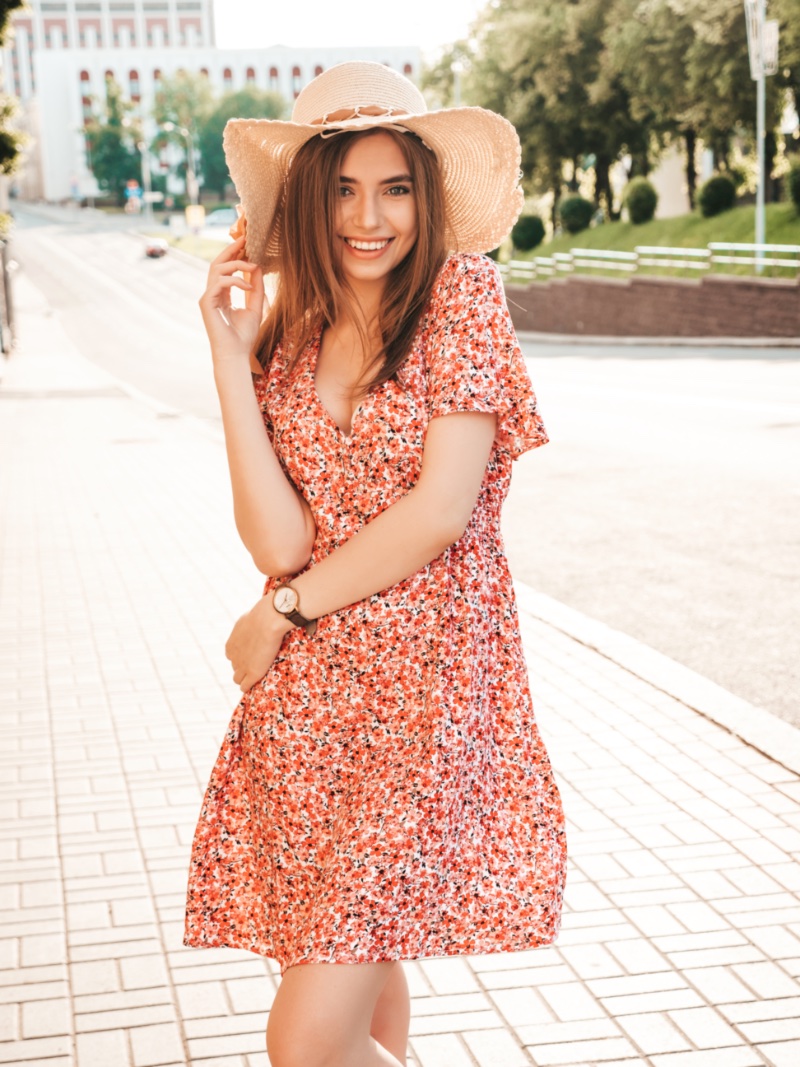 Summer Dresses Floral Print Sundress Straw Hat