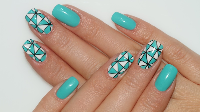 Turquoise White Geometric Short Nails