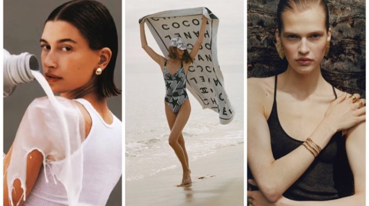 Hailey Bieber for Rhode Skin Glazing Milk campaign, Chanel Coco Beach 2023 collection, and Massimo Dutti June 2023 collection.