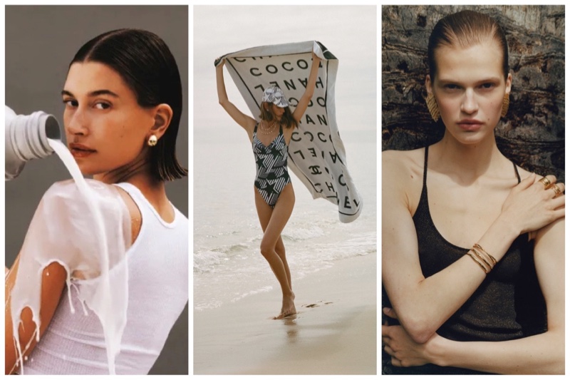 Hailey Bieber for Rhode Skin Glazing Milk campaign, Chanel Coco Beach 2023 collection, and Massimo Dutti June 2023 collection.