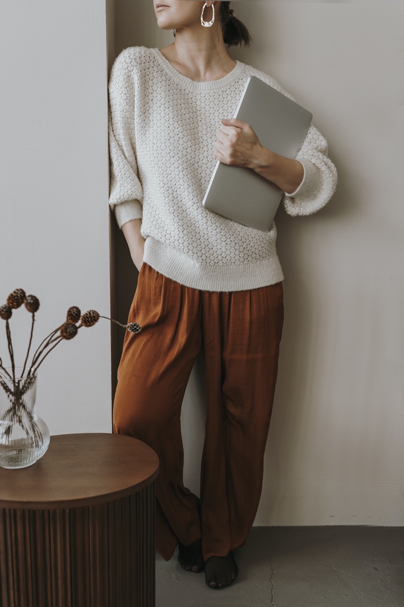 White Sweater Brown Pants Minimalist Fashion