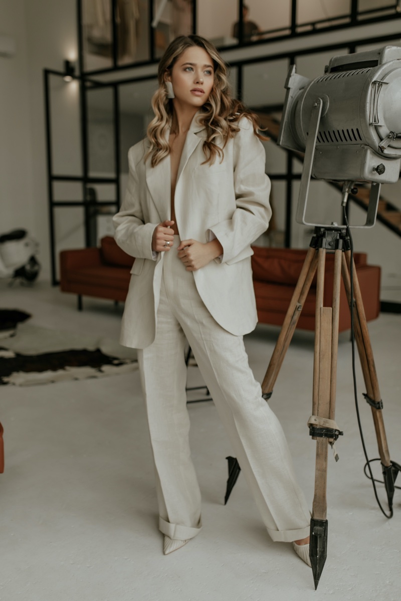 Beige Linen Jacket Pants Suit Neutral Outfits